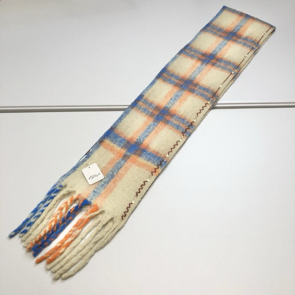 FREE PEOPLE Highland Plaid Skinny Scarf in Ivory Combo Fringe Beaded 8x70